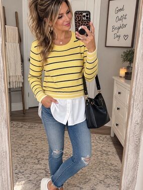 Katherine Barclay Yellow Striped Layered Sweater Top Size S